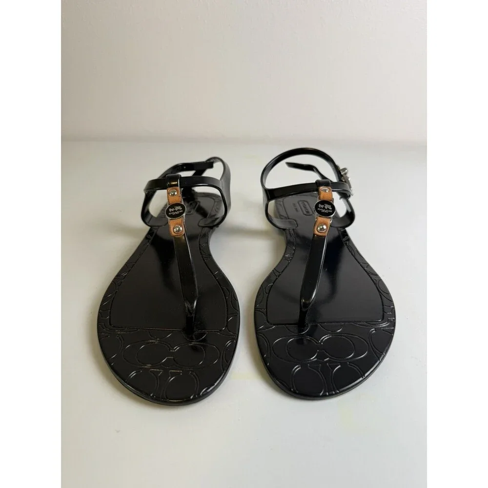 Coach Women’s Black Thong Sandals T-Strap Ankle Strap Buckle Logo US 8B